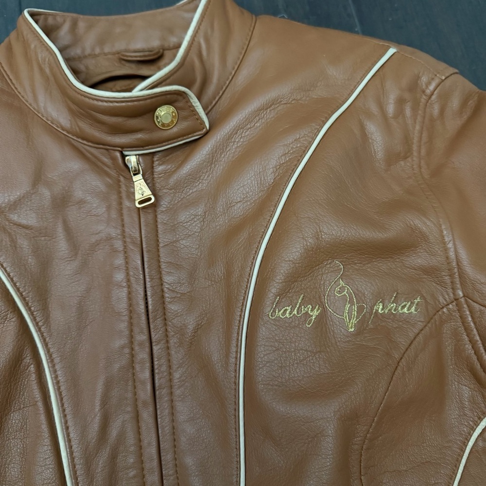 HTF Y2K Vintage Baby Phat Genuine Leather Moto Jacket Brown Size Large - Picture 4 of 15